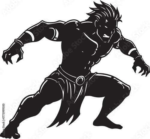 Silhouette depiction of a formidable tribal warrior in an action