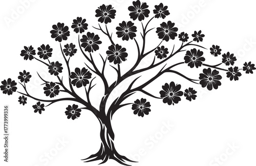 Elegant depiction of a blossoming tree with stylized floral acce