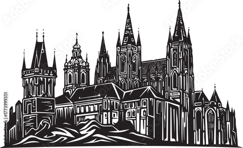 Striking Graphic Silhouette Depicting the Iconic Prague Castle L