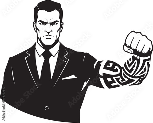 Stylized Businessman Illustration with Tribal Tattoo, Power and