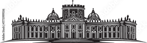 Monochrome illustration of an elaborate palace with domes and ba