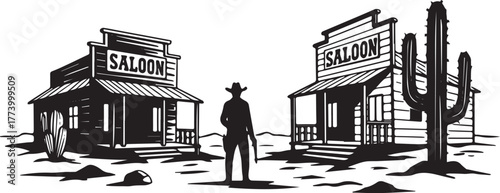 Stylized rendition of a Wild West showdown silhouette in black a