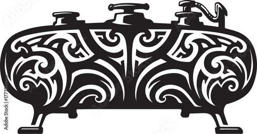 Stylized vintage fuel tank illustration with intricate tribal ta