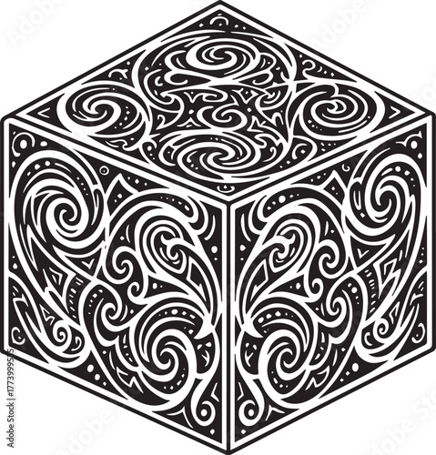 Elaborate geometric cube intricately adorned with swirls and orn