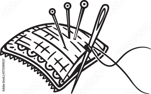 Whimsical pincushion illustration with needles and thread for cr