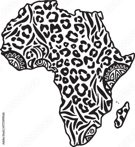 Stylized african continent silhouette with animal print and trib