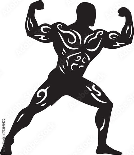 Silhouette of muscular man with tribal tattoo design flexing pow
