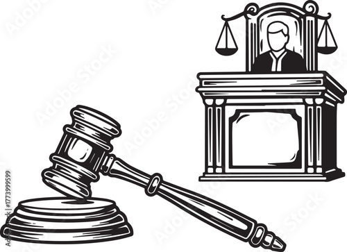 Courtroom illustration, judge, scales, gavel, justice system ele