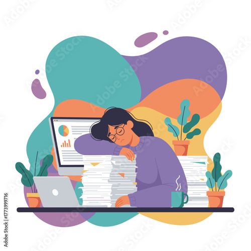 Overworked woman sleeping on a huge pile of documents Stress and professional burnout concept