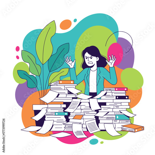 Angry woman buried under a mountain of paper huge workload stress and deadlines