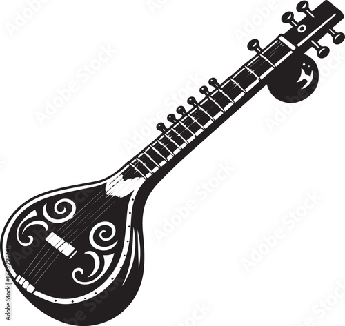 Isolated Detailed Illustration of a Sitar, Traditional Indian St