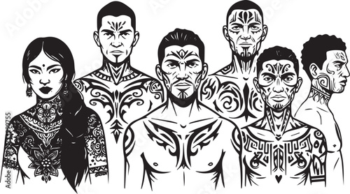 Monochrome depiction of diverse people adorned with intricate tr