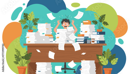 Overwhelmed employee drowning in paperwork Deadline stress and office workload burnout concept