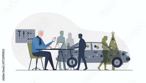 Senior expert working on laptop near decorated car during Christmas Vehicle service and holiday business concept