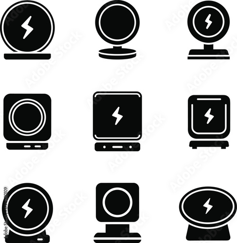 Collection of Wireless Charger Icons with Lightning Bolt Symbol