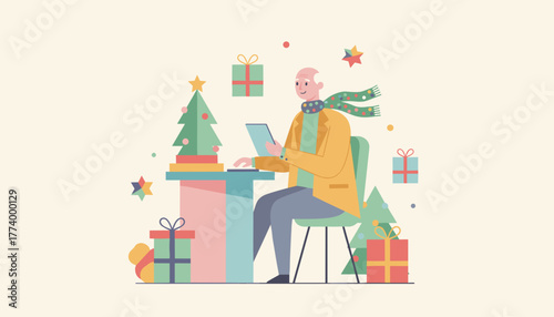 Elderly man uses technology surrounded by gifts and a Christmas tree Festive digital lifestyle