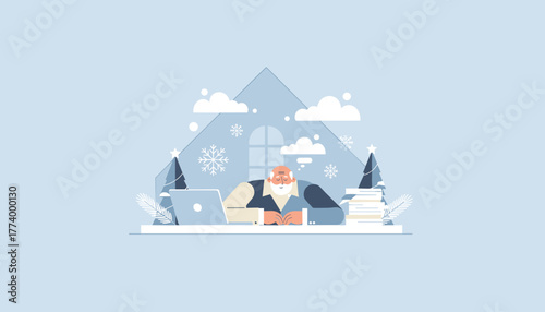 Senior man resting at desk with laptop during peaceful winter break Cozy holiday work illustration