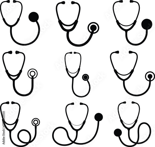 Collection of simple stethoscope icons in black and white outline style