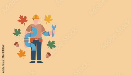 Autumn maintenance and plumbing services concept with a worker icon