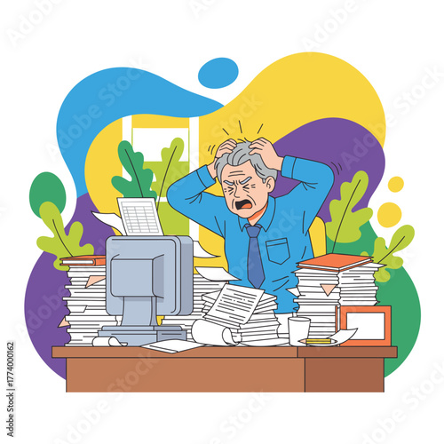 Stressed older businessman overwhelmed by excessive paperwork and deadlines in the office Workload crisis