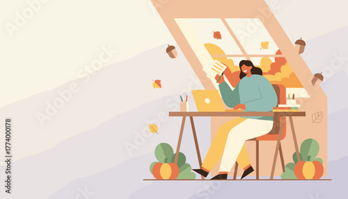 Cozy autumn work setup Woman working remotely by window overlooking fall foliage home office concept