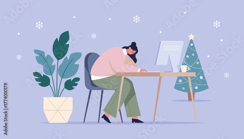 Tired woman sleeping at her desk during the winter holidays illustrating work burnout and fatigue
