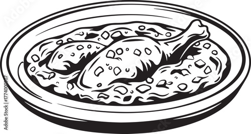 Monochrome rendition of traditional chicken paprikash served on