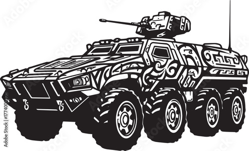 Stylized reconnaissance vehicle featuring bold tribal-inspired d