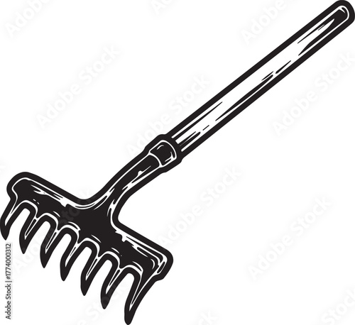Stylized garden rake illustration evoking rustic simplicity and