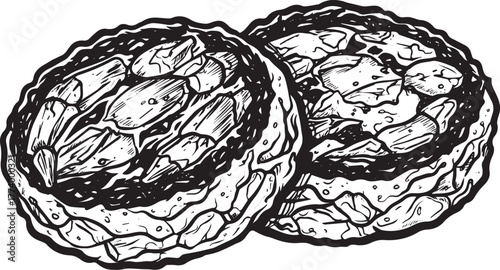 Monochrome Illustration of Two Crab Cakes with Textured Detailin