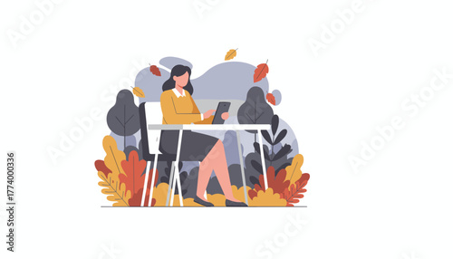 Woman working remotely outdoors in an autumn park using a mobile device Remote work and seasonal concept