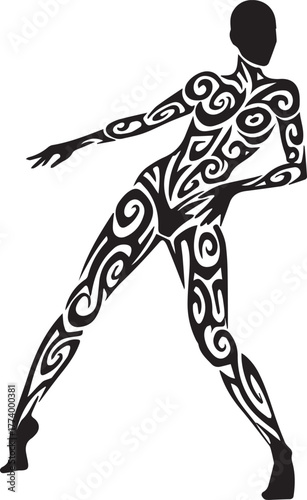 Stylized figure with tribal tattoos in bold graphic pose, artist