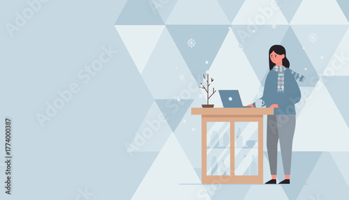Woman working on a laptop in a cold snowy winter setting Seasonal work stress or remote office illustration