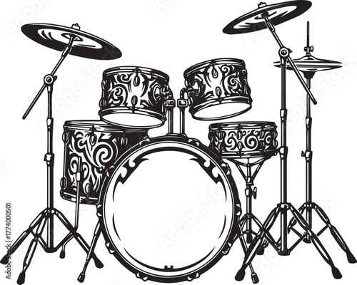 Ornate drum kit illustration with tribal-inspired design element