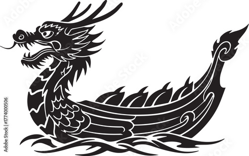 Intricate silhouette artwork of a Dragon Boat icon, a powerful c