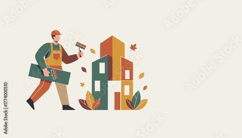 Builder illustration carrying tools for house repair and renovation in autumn