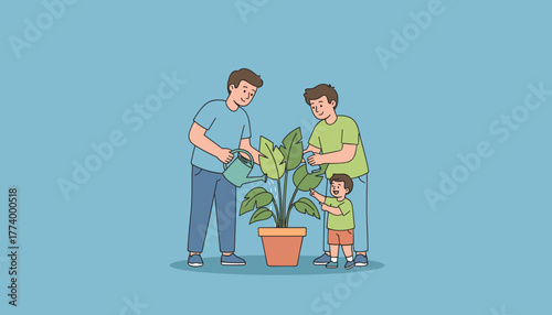 Two fathers and son water a houseplant together illustrating family unity care and growth