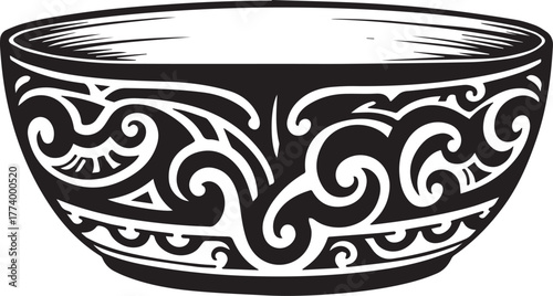 Stylized black and white bowl with unique tribal tattoo patterns