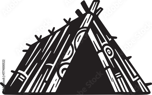 Stylized Aboriginal Dwelling with Tribal Elements in Monochrome