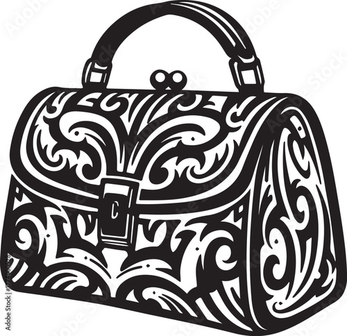 Ornate handbag silhouette with tribal tattoo inspired design ele