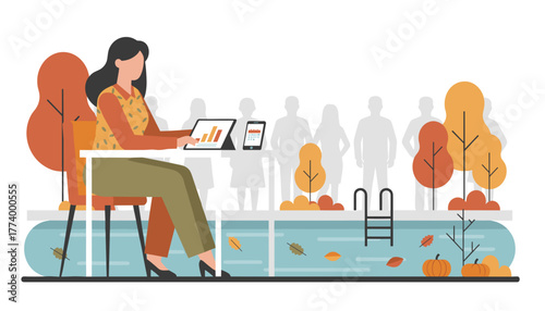 Remote working businesswoman uses tablet near a pool surrounded by fall leaves and pumpkins