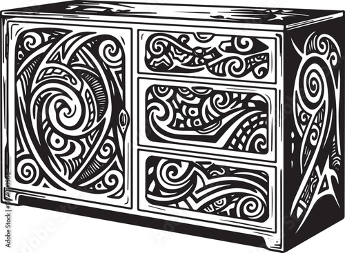 Stylized Cabinet with Tribal Artistic Engravings for Home Interi