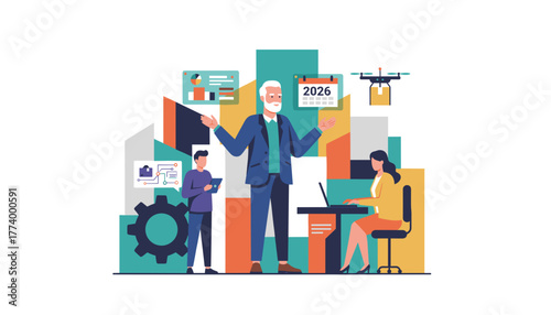 Business team planning future strategy for 2026 using data leadership and emerging technology