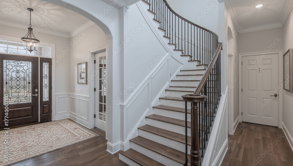 Obraz premium Elegant foyer with a curved staircase and decorative front door