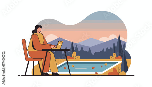 Freelancer working remotely by pool overlooking mountains during autumn sunset
