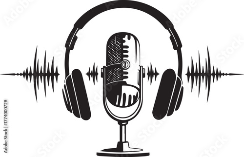 Monochrome podcast studio setup illustration with vintage microp