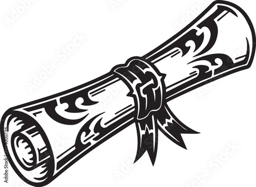 Monochrome graduation scroll icon with tribal-inspired embellish