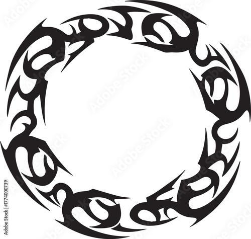 Circular tribal pattern with ornate shapes conveying motion and