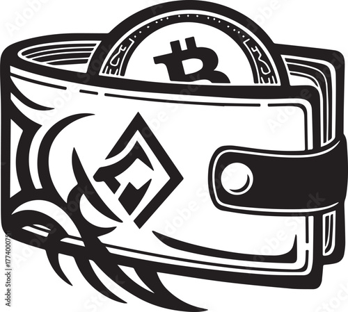 Stylized crypto wallet with tribal tattoos design, digital curre