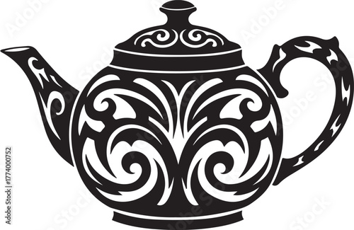 Elaborate ornamental design adorning a classic teapot silhouette